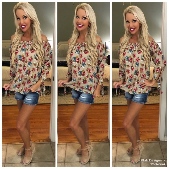 ❤️LAST 1! Off Shoulder Floral Top-Self Tie Sleeves - Picture 2 of 4